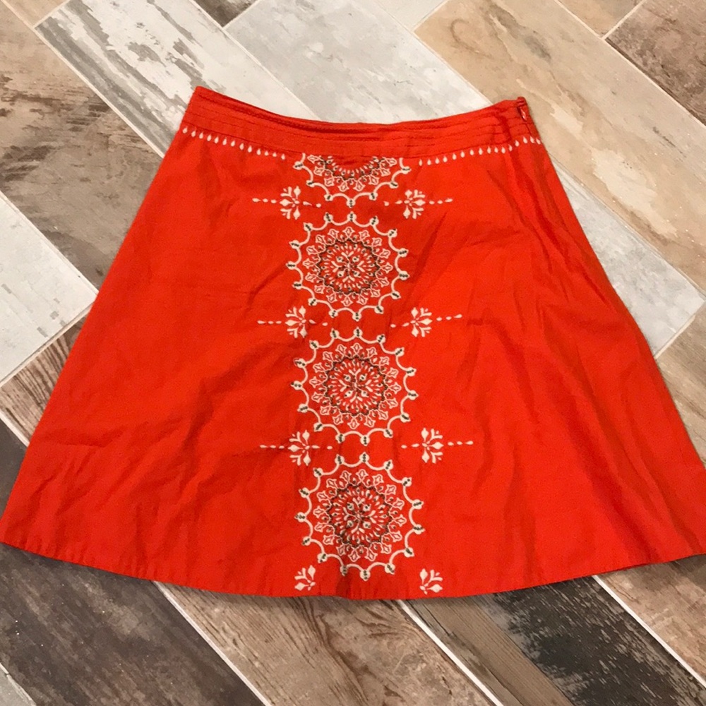Anthropologie Red A-Line Skirt with Cream Embroidery